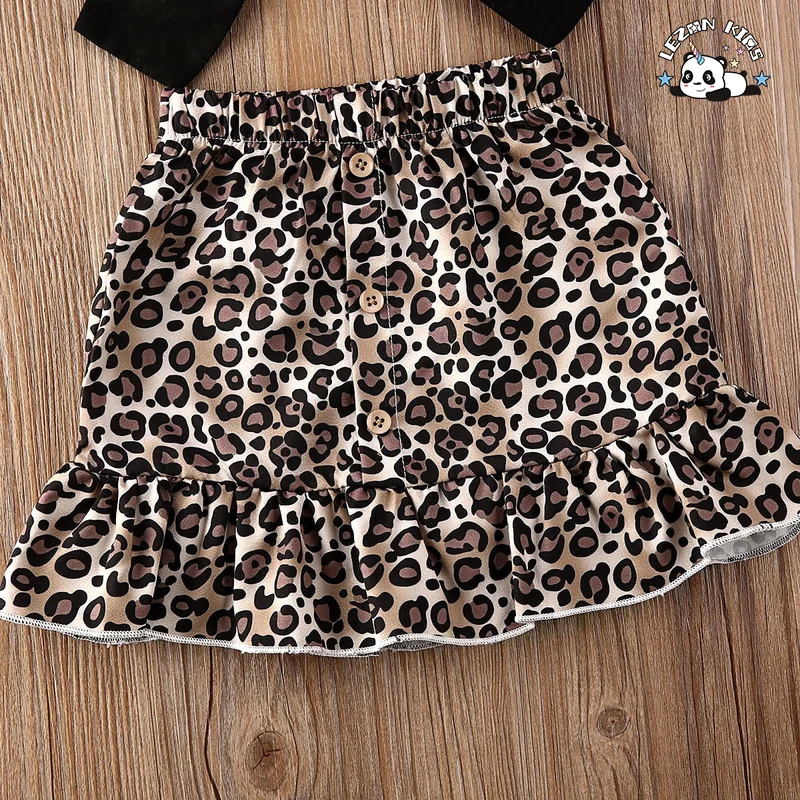 LEZONKIDS - Summer Toddler Baby Girls Clothes Off Shoulder T+ Leopard Print Skirt+ Heardgear 3 Pcs Sets for 3-8 Years Children Clothing